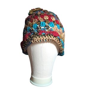 Hand Crafted‎ Red, Gold & Turquoise Flower Accented Pom-Pom Beanie Hat ONE SIZE